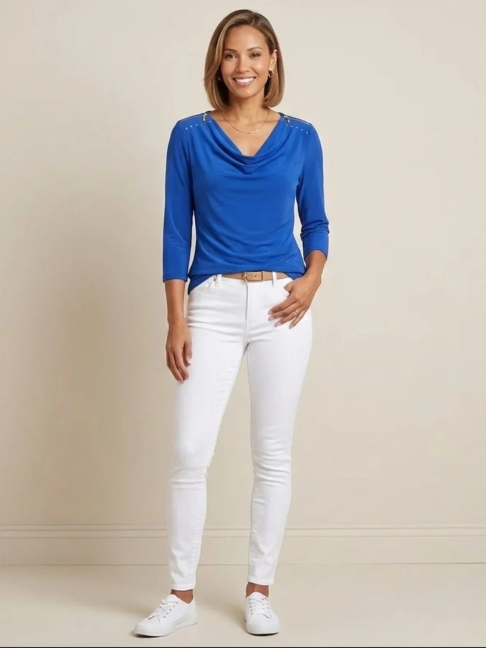 Carmen Marc Valvo Royal Blue Cowl Neck Top Gold Zipper Stud Shoulder Small - Picture 6 of 6